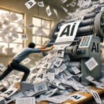 DALL·E 2024 08 18 19.15.28 A realistic scene of a man desperately trying to stop a printing machine that is rapidly printing an endless amount of papers with an AI symbol on eac